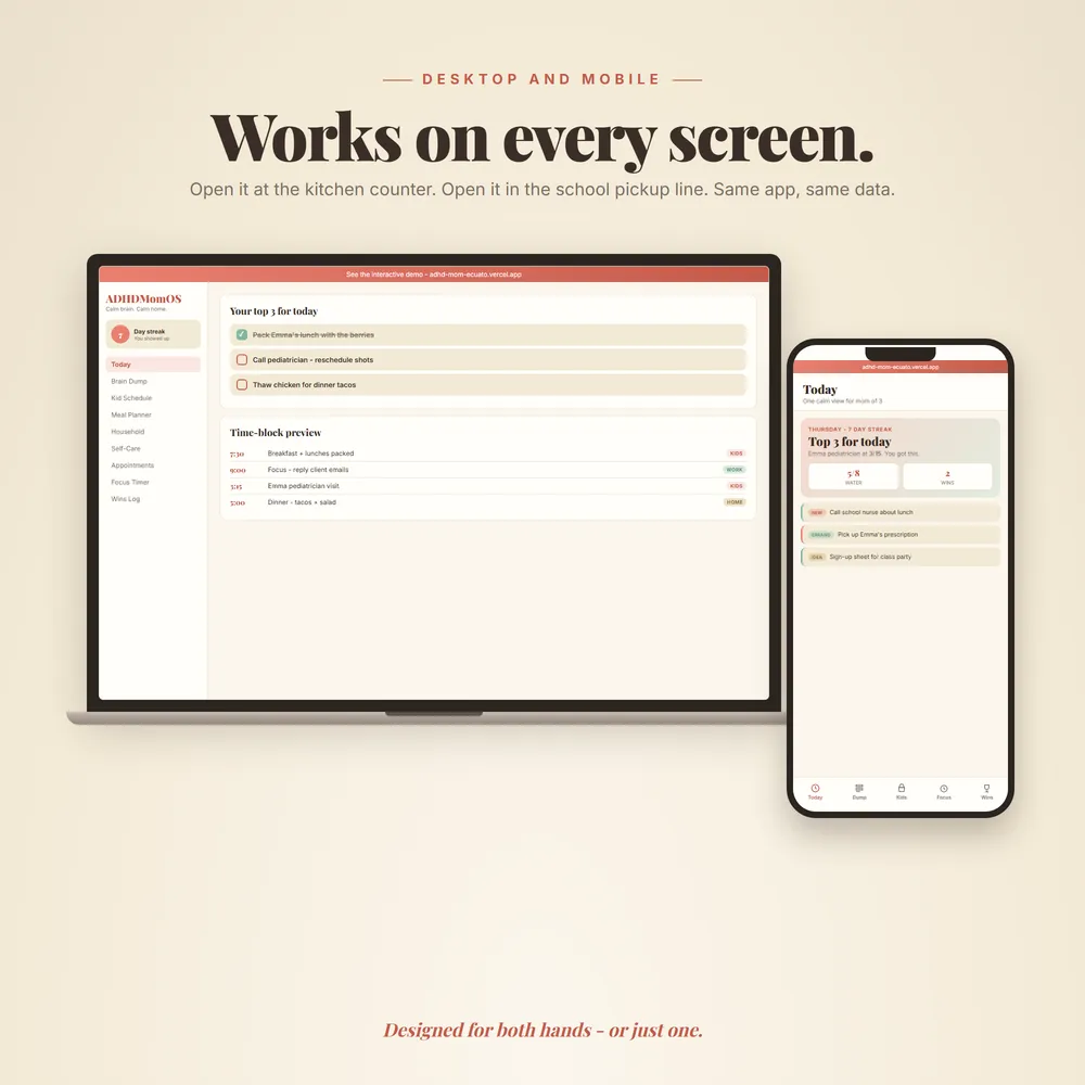 ADHDMomOS shown on laptop and phone