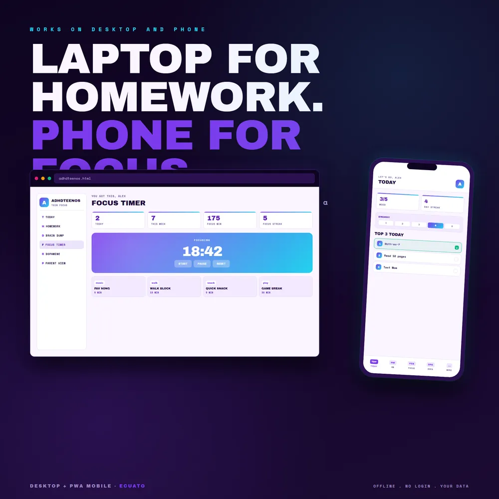 ADHDTeenOS shown on laptop and phone