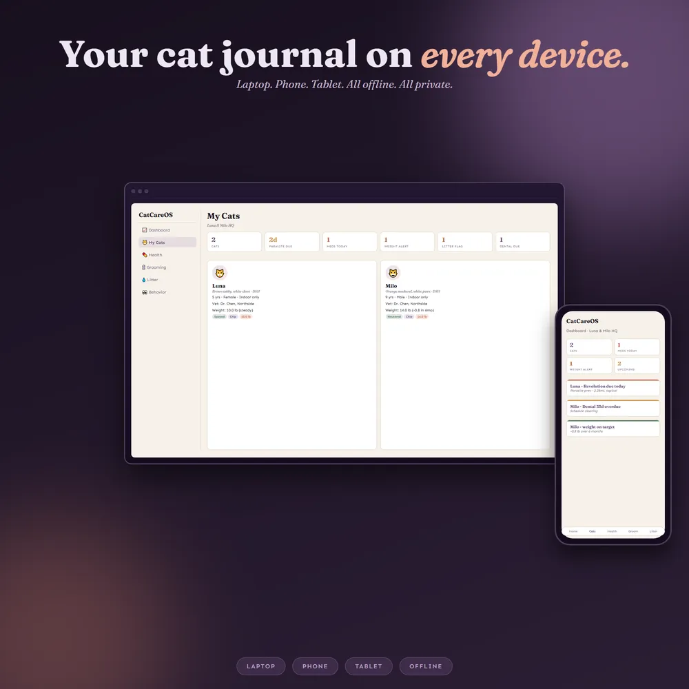 CatCareOS shown on laptop and phone
