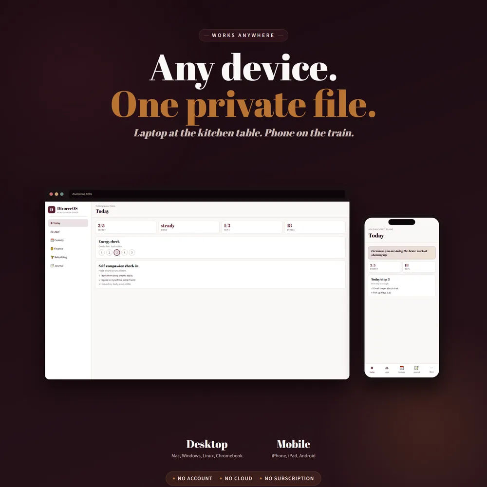 DivorceOS shown on laptop and phone