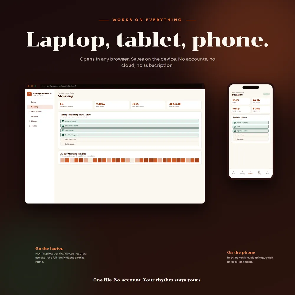 FamilyRoutineOS shown on laptop and phone