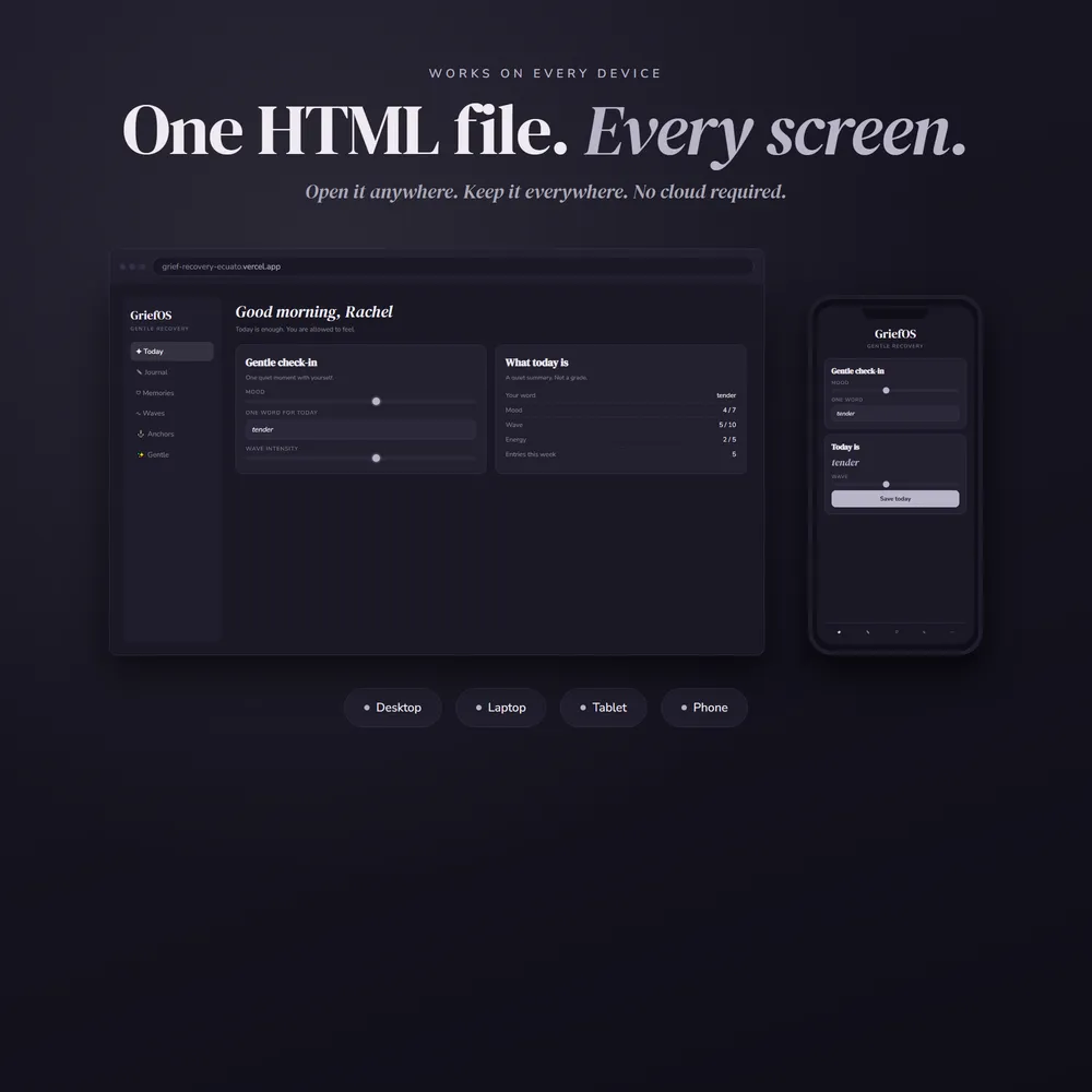 GriefOS shown on laptop and phone