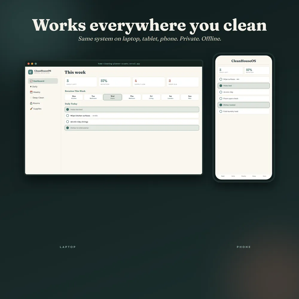 CleanHouseOS shown on laptop and phone