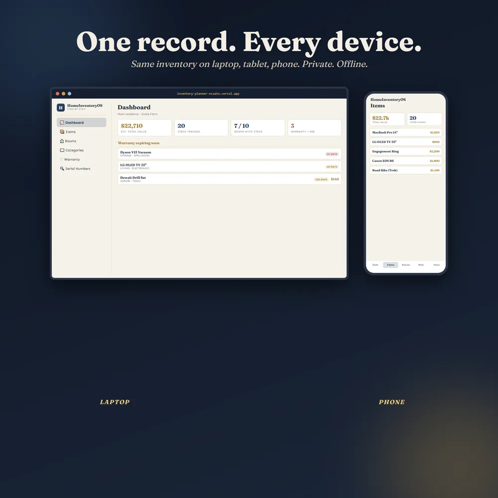 HomeInventoryOS shown on laptop and phone