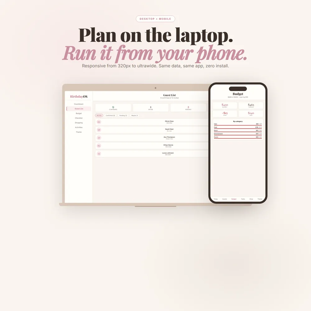 BirthdayOS shown on laptop and phone
