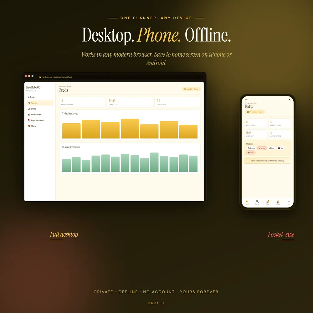 NewBabyOS shown on laptop and phone