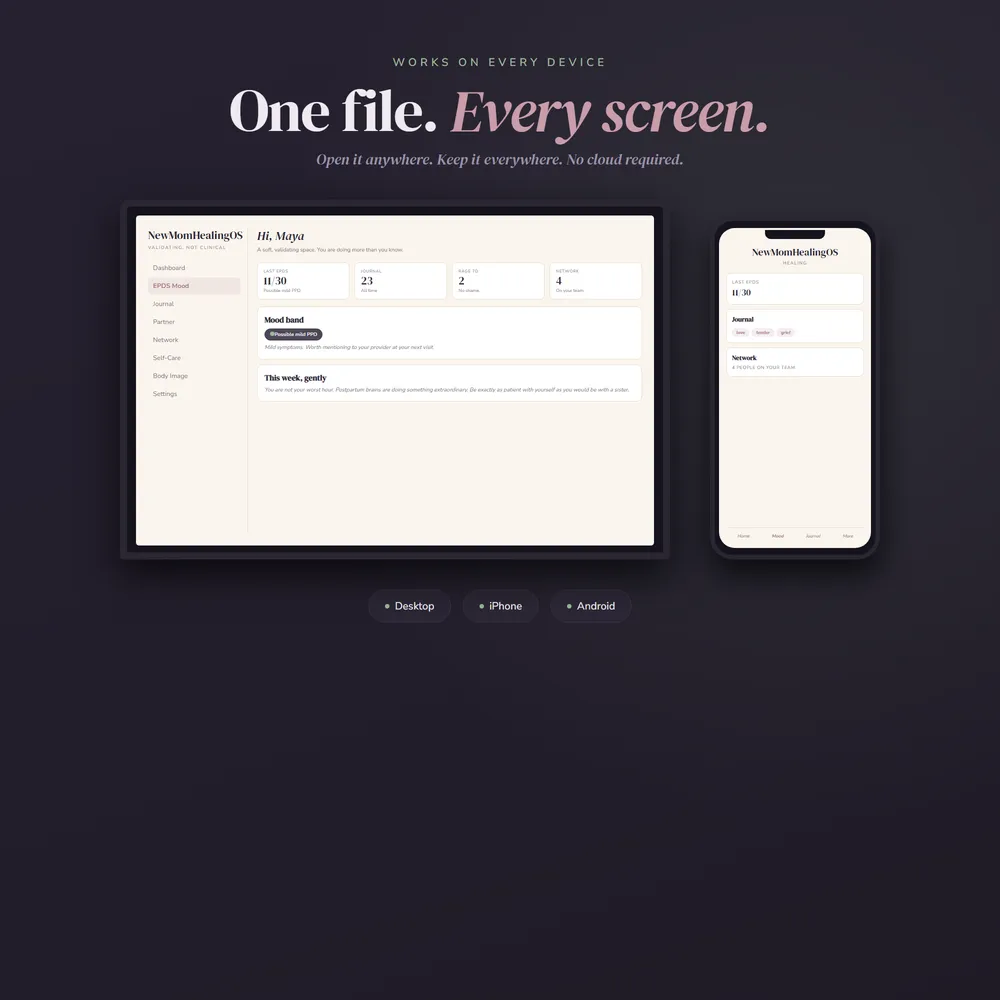 NewMomHealingOS shown on laptop and phone