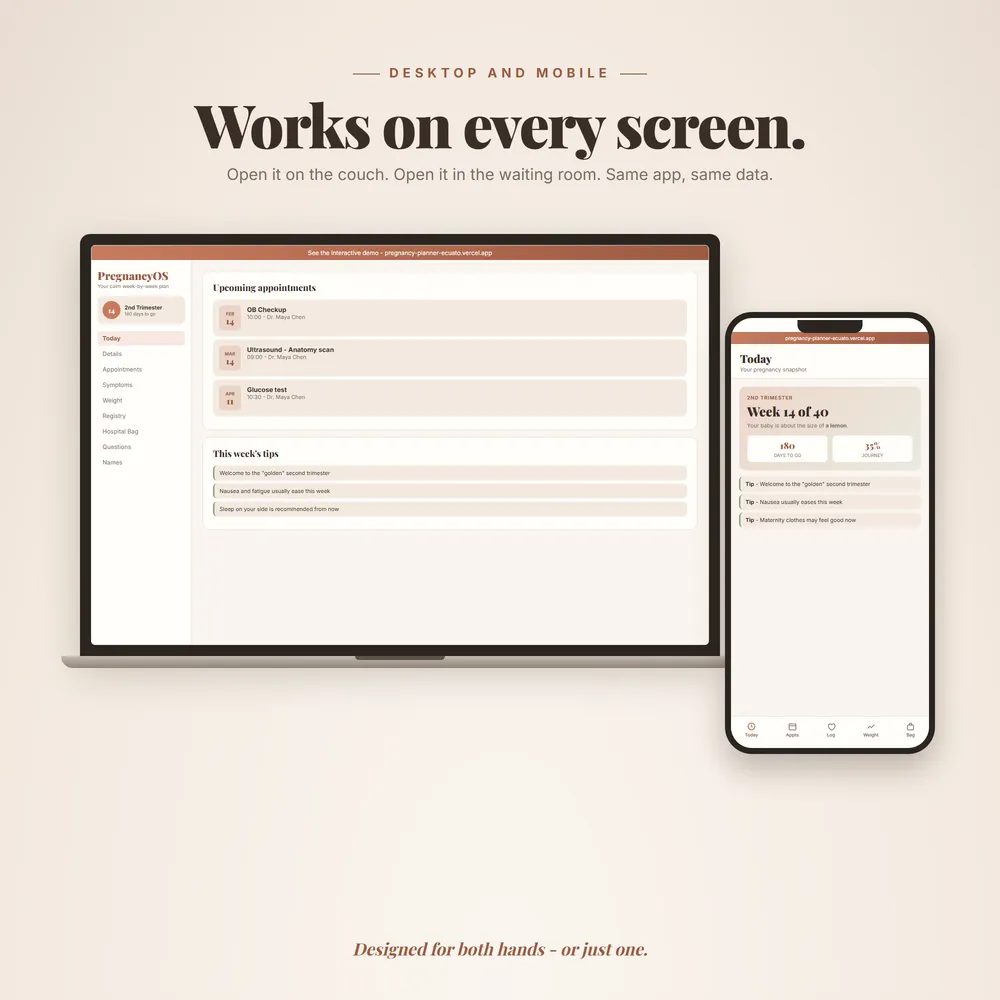 PregnancyOS shown on laptop and phone