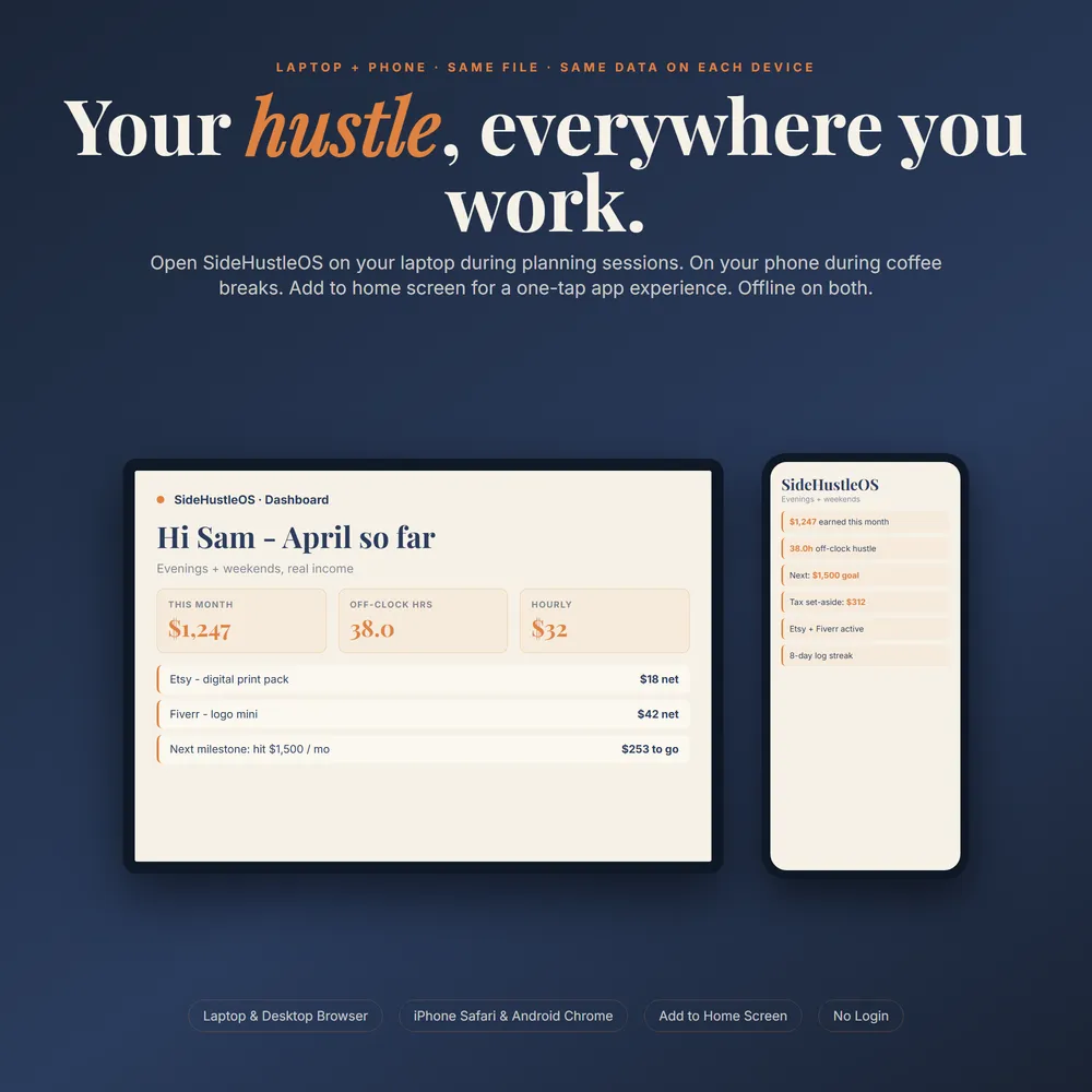 SideHustleOS shown on laptop and phone