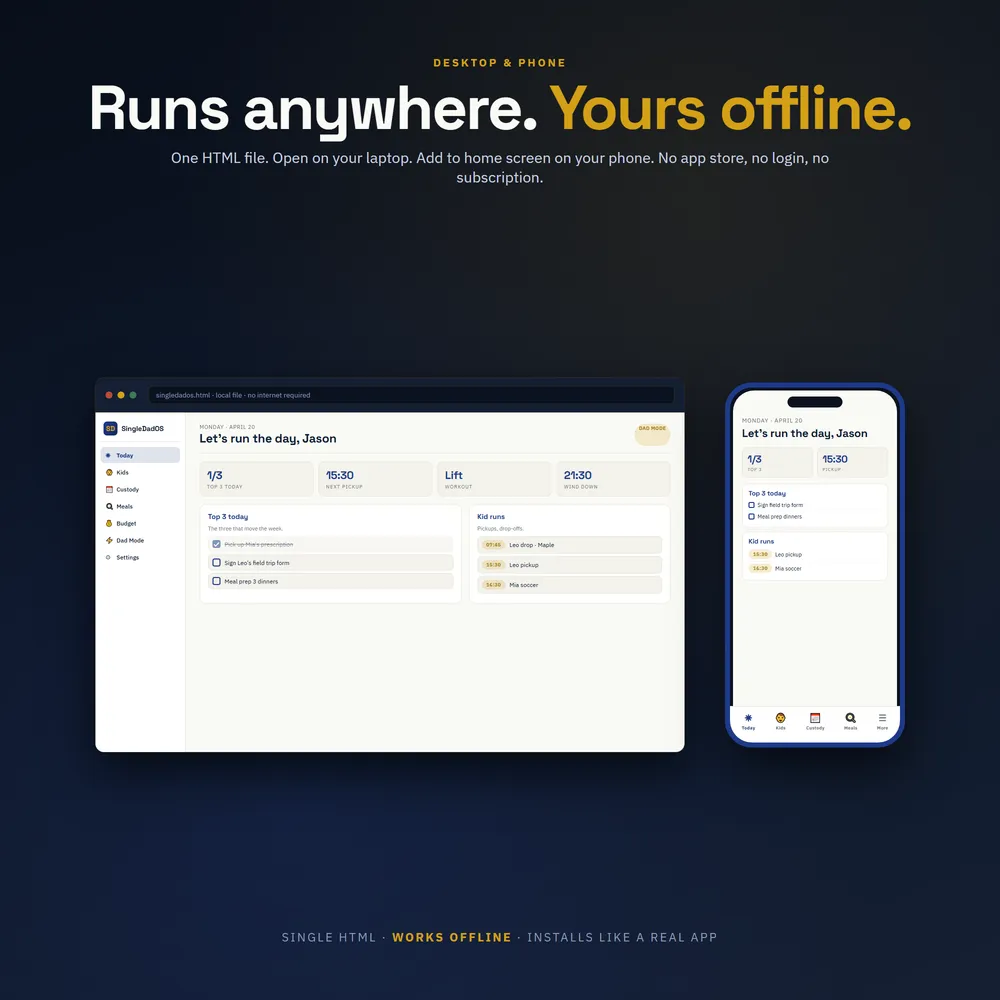 SingleDadOS shown on laptop and phone