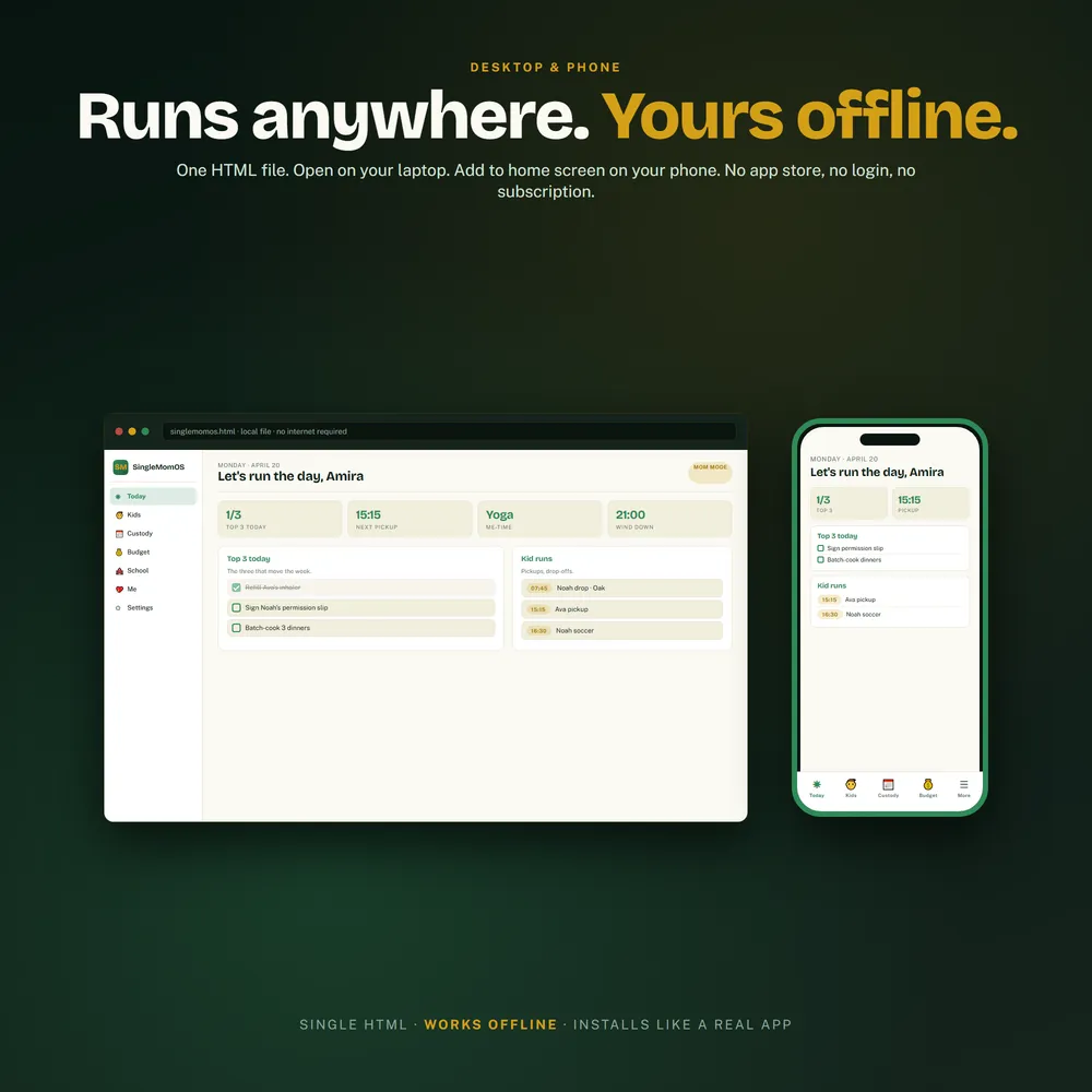 SingleMomOS shown on laptop and phone
