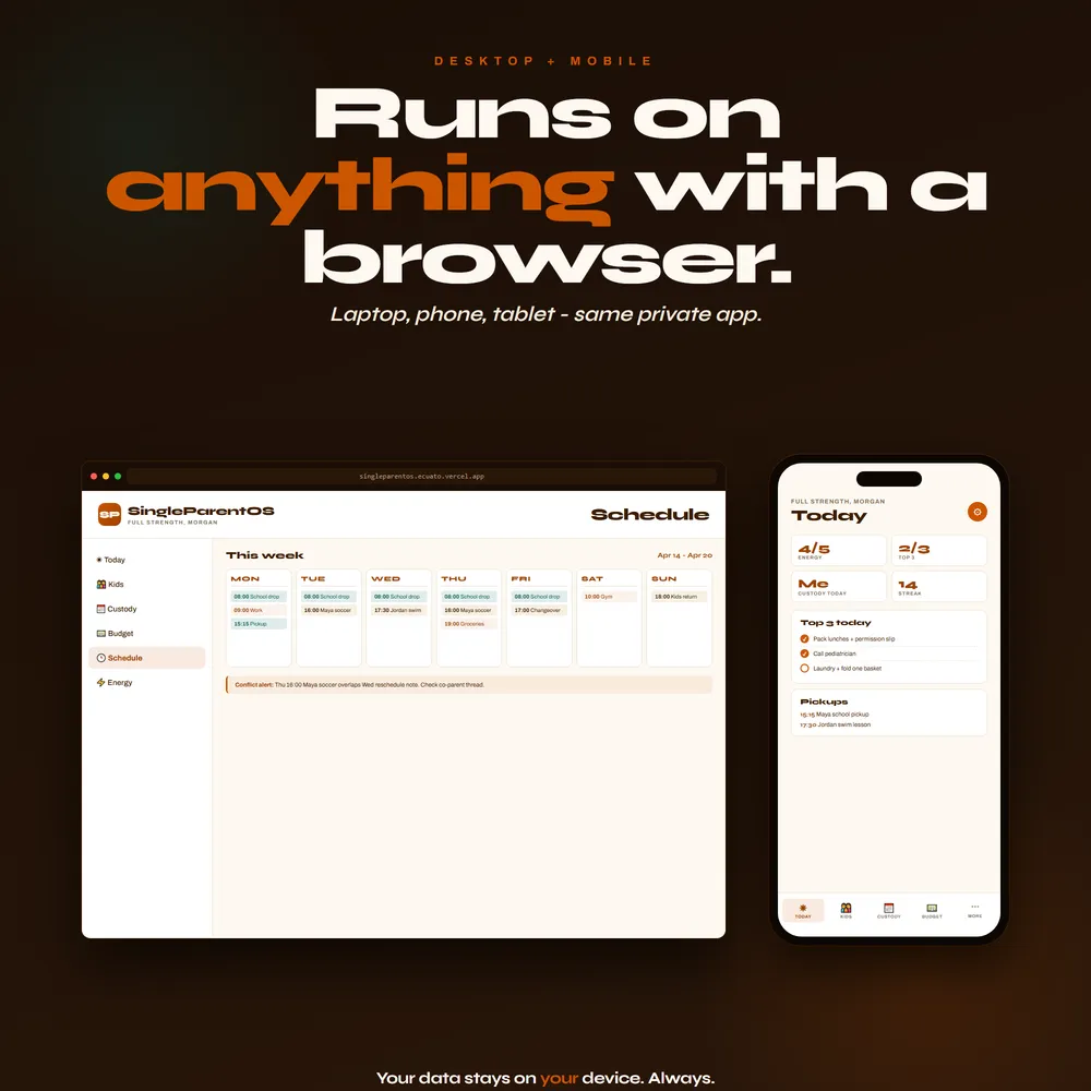 SingleParentOS shown on laptop and phone