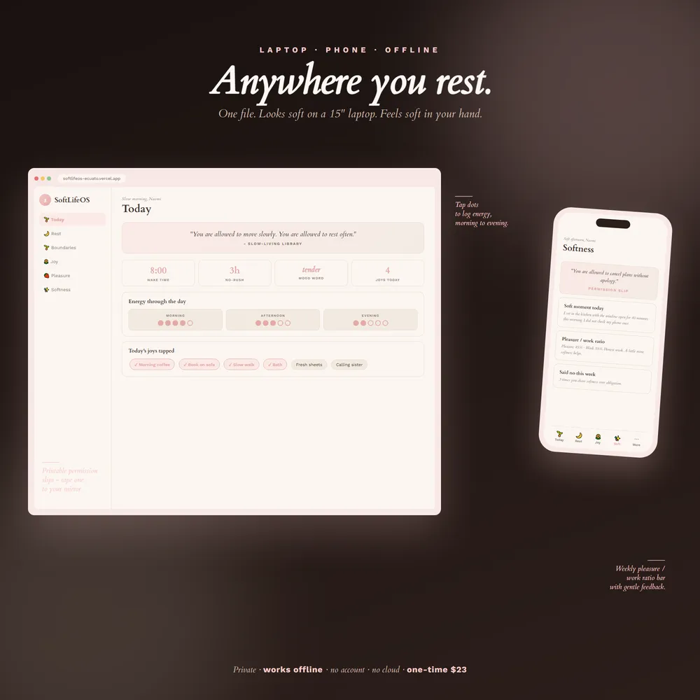 SoftLifeOS shown on laptop and phone