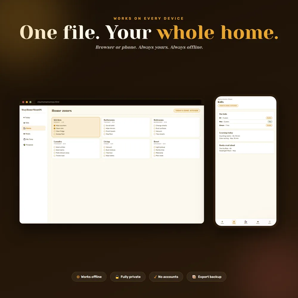 StayHomeMomOS shown on laptop and phone